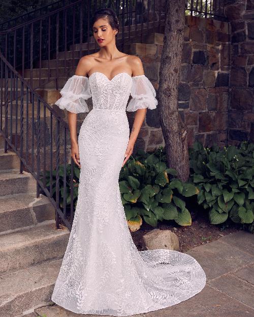 La22119 strapless or off the shoulder wedding dress with sheath silhouette1